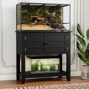 Reljofum 20-29 Gallon Fish Tank Stand Cabinet with Charging Station, Black