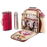 Greenfield Collection 4 Person Deluxe Picnic Essentials Bundle Includes Rucksack, Picnic Blanket & 1 Litre Insulated Flask Set, Coolbag Backpack Hamper for Camping & Hiking - Mulberry Red