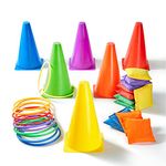 Paochocky 30 Pcs 3 in 1 Funny Activity Game Set - Six colors Throwing Ring toss and Bean Bags to Soft Cones Family Games, Indoor Outdoor Activity Birthday Party Supplies with Wonderful Gift Box