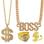 KingYH Hip Hop Costume Kit for Women Men 80s/90s Chunky Rapper Gangster Accessories Set Fancy Dress with Boss Sign and Dollar Sign Necklace Gold Dollar Ring Outfits for Disco Rapper Dress Up Party