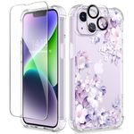 GVIEWIN Compatible with iPhone 14 Case 6.1 Inch 2022,with Tempered Glass Screen Protector+Camera Lens Protector, Flower Clear TPU Slim Bumper Shockproof Protective Soft Cover, Foliolosa/Purple