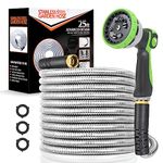 Seasonize Metal Garden Hose, Upgraded 304 Stainless Steel Water Hose with Solid Brass Fittings and 10-Function Nozzle, Rust Proof, Puncture and Abrasion Resistant, No Tangle and Kink, 25FT