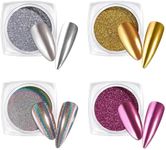 beetles Gel Polish Chrome Nail Art Glitter 4 Colors 0.5g/Jar, 4 Jars 3 Colors Gold Silver Pink Metallic Mirror Effect Pigment & 1 Holographic Chrome Powder DIY Nail Art Manicure Women Girls