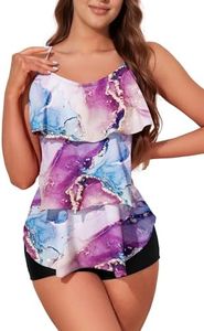 Womens Tankini Swimsuits with Boy Shorts Tummy Control Plus Size Modest Flounce Vintage Tank Top Two Piece Bathing Suits Purple Gold M