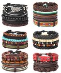 MILACOLATO 26Pcs Woven Braided Leather Bracelet for Men Women Hemp Cords Wood Beads Cuff Bracelets Adjustable Black