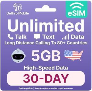 Jethro Mobile - eSIM USA, Quick Activation, 5GB High-Speed Data, Unlimited Talk, Text, & Data, Mobile Hotspot, International Calling, Prepaid Phone Plan (30 Days)