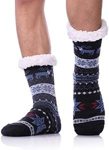 DYW Mens Fuzzy Slipper Socks Warm Thick Heavy Thermal Fleece lined Fluffy Winter Non Slip Socks (Dark Blue A)