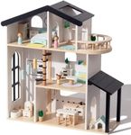Wooden Dollhouse for Girls, Doll House with 5 Rooms Play Toys