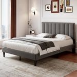 BTM Double Bed, Upholstered Double Bed with Adjustable Headboard, Solid Wood Slat and Mute Foam, 4FT6-135x190cm Double Bed Frame (No Mattress), Grey Velvet Bed