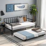 IFANNY Daybed with Trundle, Metal Twin Bed Frame & Roll Out Trundle with Heavy Duty Slat Support, 4 Lockable Casters, Space-Saving Sofa Bed Frame for Living Room, Bedroom, Guest Room - Black