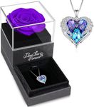 Galox Preserved Rose Flower with Heart Necklace, Gift for Wife Girlfriend On Valentines Day Birthday, Necklace with Rose Flower Box Bag Gift Card (Purple Rose) (1 Set)