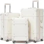 NZBZ Expandable Vintage Luggage Sets For Women Retro Luggage Set Handmade Vintage Suitcase Set with Leather Accents (Pearl White Quilted, 20inch & 24inch & 28inch)