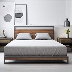 Zinus Ironline Double Bed Frame Base /y/Metal Pine Wood Suzanne Heavy Solid Wood Platform/Bedroom Furniture Industrial