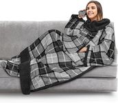 PAVILIA Sherpa Blanket with Sleeves, Foot Pocket for Women Men Adults, Thick Wearable Blanket Throw Wrap, Fleece Warm Snuggle Blanket Robe, Cozy Gift Ideas Wife Mom, Plaid Gray