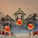 Baquler 3 Pack Christmas Lighted Solar Stake Lights LED Nativity Scene Metal Stake with Poinsettia Decorative Nativity Scene Outdoor Solar Christmas Decorations Outdoor for Yard Garden Lawn Decor