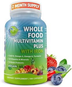 Whole Food Multivitamin Plus with Iron, Daily Vegan Multivitamin for Women and Men, Organic Fruits & Vegetables, B-Complex, Probiotics, Enzymes, CoQ10, Omegas, Turmeric, All Natural,Non-GMO,180 Count