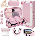 HLRAO Pink Travel Accessory Set Bag Compatible with Nintendo Switch, Sakura Design Storage Bag Case, with Hard Protective Case, Adjustable Stand, HD Glass Screen Protector and Thumb Grip. 10-in-1, 【10-in-1】, Travel Carrying Bundle for Switch, switch bag