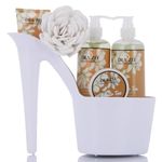 Spa Gift for Women - 5 Pcs Luxury Heel Shoe Spa Basket for Women White Tea Scent Home Relaxation Set w/ Body Lotion & Butter, Shower Gel, Bubble Bath - Birthday, Self Care Gifts for Women by Draizee