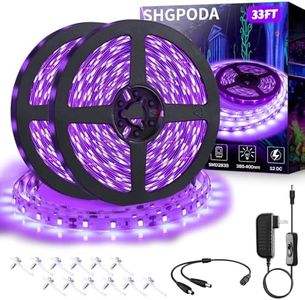 SHGPODA 33ft LED Black Light Strip Kit, 600 Units, 385nm-400nm, 12V Flexible Blacklight Fixtures, 10M LED Ribbon, Non-Waterproof for Indoor, Birthday, Wedding, Dark Party, Halloween, Christmas