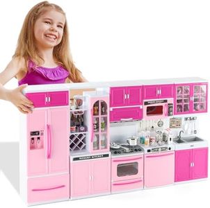 SOCBTNSO 64 PCS Pink Kitchen Toys with Lights Sounds|Mini Kitchen House Furniture Sets for Kids Ages 4-8|Doll Playset Toys for Toddlers 3-5|Birthday Gifts for 3 4 5 6 7 8 Old Girls