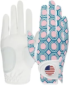 Womens Golf Glove with Ball Marker Rain Left Right Hand Leather Printed Pack, Ladies Golf Gloves All Weather Grip Breathable Soft Size Small Medium Large XL (Colorful, Medium-Worn on Right Hand)