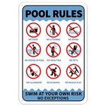 GLOBLELAND Summer Pool Rules Swim at Your Own Risk No Exceptions Sign 20x30 cm 35 Mil Aluminum Warning Sign, UV Protected and Waterproof