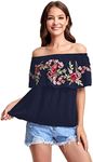 Floerns Women's Ruffle Off Shoulder Rose Embroidery Loose Blouse Top Navy Blue XL