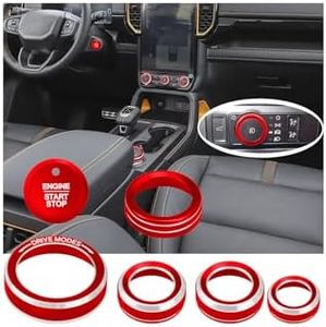 HDUFC for Ford 2024 2025 Ranger, air Conditioning, Volume Control, Push-Button Start, 4WD and Headlight switches, 7 Pieces of Aluminum Alloy knob Cover Decoration (red)