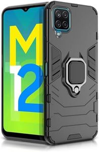 WOW IMAGINE Shock Proof Back Case Mobile Cover for Samsung Galaxy F12 | A12 | M12 | Back Cover Case (Tough Armor | Hybrid PC + TPU | Ring Holder & in-Built Kickstand | Black)