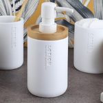 Pure Matte White Soap Dispenser with Natural Bamboo Top - Polyresin Liquid Pump, Modern Bathroom Accessory