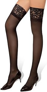 WAKUNA Thigh High Stockings 15D for Women Hold Up Nylon Sheer Lace（Black 60D,Medium