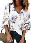 BETTE BOUTIK Women's 3/4 Bell Sleeve Shirt Casual V Neck Pulloff Mesh Panel Flower Print Blouse Top-White-XL