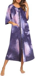 Ekouaer Women's Zipper Robe 3/4 Sleeve Housecoats Full Length House Dress Loungewear Long Nightgown with Pockets Purple Tie Dye,Small