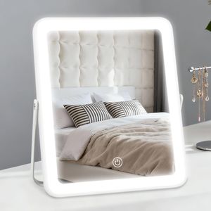 YEKKOPT Portable Desk Vanity Mirror with Lights,12"×10" Small Rechargeable Makeup Mirror with Lights,Smart Touch Screen with 3-Color Lighting,Dimmable,for Dorm Tabletop,Bedroom,Decor