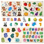 Children Wooden Jigsaw Puzzles Toddler Toys Kids Colorful Designs Alphabets Numbers Animals Vegetable for Kids Ages 1 2 3 Years Educational Gifts Improve Cognitive Skills Young Toddlers(4 Packs)