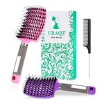 URAQT Hair Brush, 2 Pcs Boar Bristle Paddle Hairbrush with Tail Comb, Soft Massage Vent Brush for Men Women, Detangle Hair Brush for Long Thick Curly Hair, Reducing Hair Breakage (Pink & Purple)