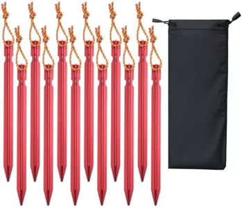 Keovoker 12 Pack Tent Stakes, 7-inch Ultralight Aluminum Ground Pegs with Reflective Pull Ropes, Tri-Beam Stake in a Carrying Bag, for Camping, Backpacking, Hiking, Hammocks and Canopy, Red