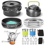 Odoland 16pcs Camping Cookware Mess kit for Camping, Backpacking, Outdoor Cooking and Picnic with Camping Stove, Non-Stick Lightweight Pot Pan Kettle Stainless Steel Cups Plates Forks Knives Spoons