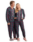 Ekouaer Christmas Family Matching Pajamas Hooded Zipper Onesies Long Sleeve Couple One Piece Sleepwear with Pockets S-XXL, Women-green Plaid, Large