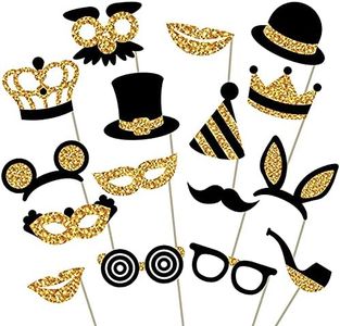 16PCS Birthday Party Photo Props Black and Gold Photo Booth Props and Signs Prom Photobooth Party Props Moustache Glasses Hats Crowns Photo Props Birthday Selfie Props for Adult Wedding Engagement