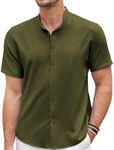 COOFANDY Men's Casual Linen Shirt Band Collar Button Down Short Sleeve Shirt
