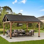 SUNJOY 4x4.6m Solid Cedar Wood Gazebo, Waterproof Steel Gable Roof, Thicker 14cm Posts, Wind & Snow Resistance, Outdoor Heavy Duty Permanent Shelter for Patio, Garden, Car