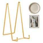 Large Plate Holder Display Stand - 10 inch Tall Plate Stands for Display - Metal Picture Frame Stand - Big Tabletop Easel Stand for Decorative Plates | Platter | Book | Plaque | Tile - 2 Pack - Gold