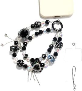 XODITO Phone Charms with Black Cystal Beads, Double Detachable Cellphone Lanyard, Diamond Mobile Phone Chain for Keys, Shoulder Bags, Curtain