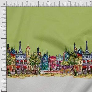Soimoi Green Velvet Fabric Buildings Panel Print Sewing Fabric BTY 58 Inch Wide