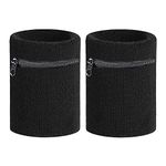 2pcs Sports Thick Solid Color Wristband with Zipper/Wrist Wallet Multi Color Sweatband Wrist Support for Men Women Running, Walking, Basketball, Tennis, Hiking, Travel 3.1x 3.1 (Black)