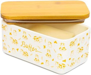 Lumicook porcelain butter dish with lid, Natural bamboo lid, seal included for airtight butter dish, butter holder easily fits 2 sticks of butter