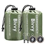 Esky Emergency Sleeping Bag, 2 Pack Portable Survival Thermal Bivy Sack, Waterproof Lightweight Survival Shelter Blanket Bags with Compass and Whistle for Camping Hiking Outdoor Adventure (Green)