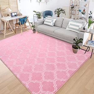 Chicrug Shag Geometric Modern Area Rug for Bedroom, 5x7 Feet Memory Foam Indoor Carpet, Fluffy Rug for Living Room Bedside Room Decor for Family Girls Kids Nursery Play Mat, Pink/White