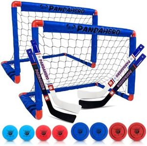 Pandahero Mini Hockey Net Set for Kids – Indoor Knee Floor Hockey Kit with 2 Goals - 27.5" x 18.3", 4 Mini Sticks & 8 Soft Foam Balls and Pucks – Indoor Toy Set for Boys & Girls